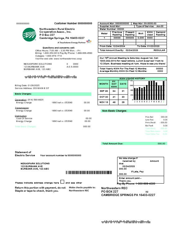 USA Northwestern Rural Electric business utility bill template, fully editable in Word and PDF formats